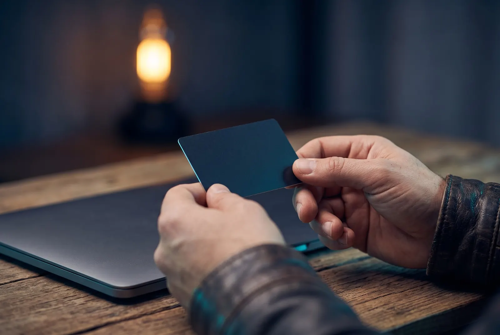 A payment card held beside a laptop.
